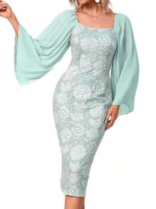 Abito da sera da donna, in jacquard, a forma quadrata, elegante e aderente, in chiffon, con maniche corte arricciate, abito da festa, cerimonia, matrimonio