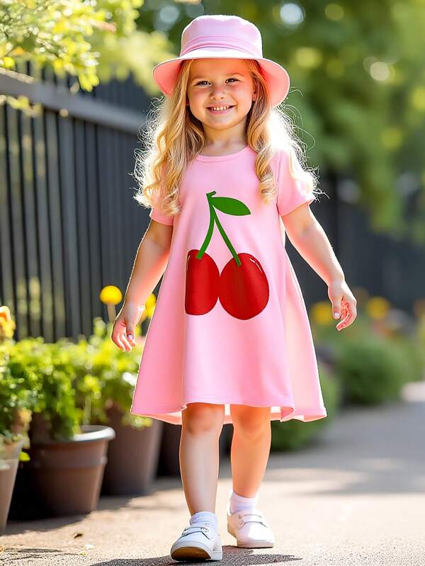 Young Girl Summer Simple Fashionable Dress, New Round Neck Short Sleeve Casual Elegant Dress For Girls, Suitable For Outdoor, Commuting, Party, Vacation, Children Clothing