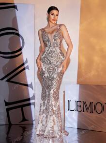 LOVE&LEMONADE Gold V-Neck Spaghetti Strap Sequin Backless Floor-Length Formal Gown Dress (Front Upper Body, Random Floral Print On The Back), Party Dress, Wedding Guest Dress, Evening Dress