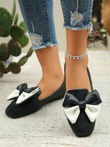 Women's Color Blocking Bowknot Decor Square Toe Low Heel Flat Mary Jane Shoes, Cute & Elegant Style, Versatile For Daily Wear & Commuting, Black Soft Bottom Casual Flats