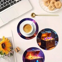 4pcs Artistic Wooden Non-Slip Coasters, Round Mysterious Jewelry Box & Lamp Designed, Suitable For Office Desk, Tea Table, Home Decoration, Thanksgiving Gift