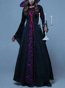 Women's Renaissance Cosplay Costume Long Flared Sleeve Vampire Dress For Themed Party - Black - View 6