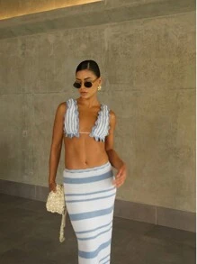 STRIPED ELASTANE KNITTING SET TOP+SKIRT SUMMER 2025 - Azul - Ver 4