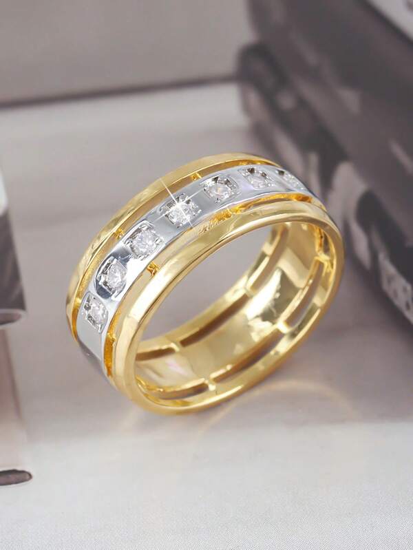 1 Peça Anel Luxuoso e Elegante de Design Bicolor com Banda Larga e Zircônia Cúbica, Presente para Homens, Dia dos Namorados, Dia dos Pais, Aniversário, Festa