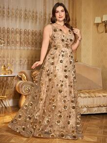 SUPGIR Maxikleid in Große Größen mit V-Ausschnitt, Tailleneinsatz mit Strass-Stickerei, Raffung, schlankmachend, geeignet für Bankette und formelle Anlässe