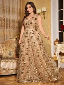 SUPGIR Maxikleid in Große Größen mit V-Ausschnitt, Tailleneinsatz mit Strass-Stickerei, Raffung, schlankmachend, geeignet für Bankette und formelle Anlässe