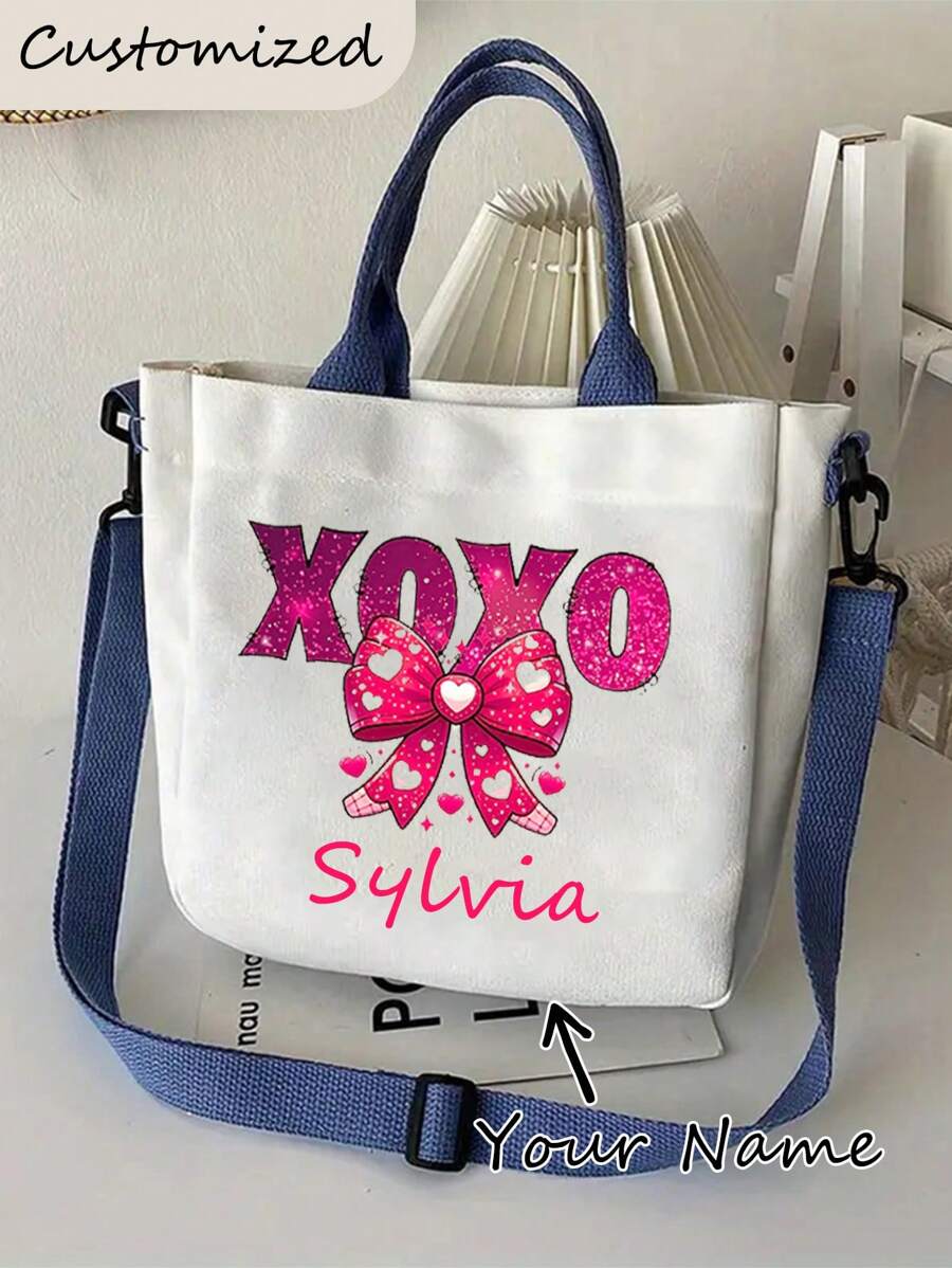 Customized Heart Bow Letter Pattern Crossbody Bag,Custom Your Name On Unisex Reusable Shoulder Bag,Fashion Messenger Bag,Animal Print Storage Bag, Portable Shoulder Bag, Party Gift,Valuntine Gift,For Daily Use & Travel