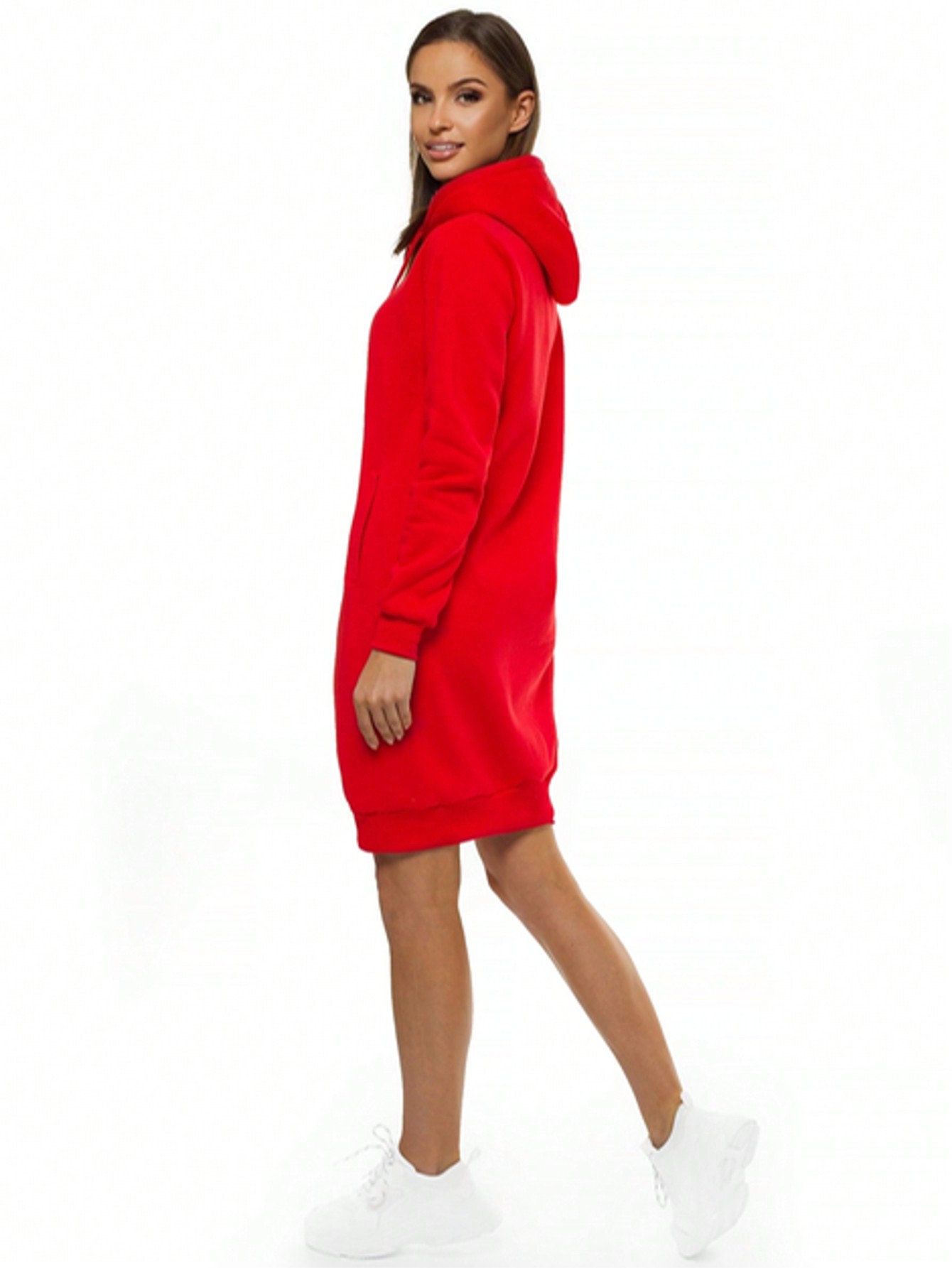 Vestito con cappuccio a tinta unita a maniche lunghe da donna, stile minimalista, adatto per l'uso casual quotidiano