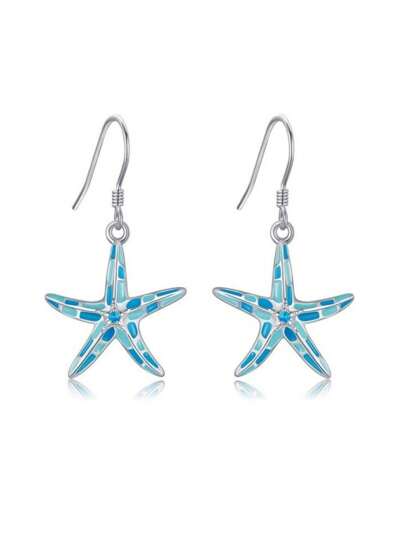 Swim Mod 1 Pair Beach Vacation Style Blue Starfish Crystal Decorated Pendant Earrings For Women, Versatile Daily Wear And Gift