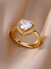 1 peça estética grande zircônia cúbica coração anéis de aço inoxidável 18K banhado a ouro ajustável anel aberto para mulheres mãe romântico férias douradas casamento joias acessórios presentes para ela, dia das mães, dia dos namorados, mãe, mãe, dia das mães, presente
