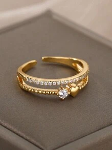 Anéis de aço inoxidável com zircônia cúbica em formato de coração, banhados a ouro 18K, com duas camadas, ajustáveis, abertos, para mulheres, mães, românticas, douradas, férias, acessórios de joias para casamento, presentes para o dia das mães e dia dos namorados - Aço inoxidável - Ver 2