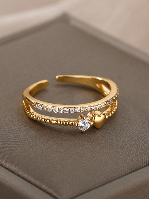 Anillos ajustables de acero inoxidable con circonia cúbica en forma de corazón, bañados en oro de 18K con diseño de doble capa, para mujer, mamá, regalo romántico, para vacaciones, boda, Día de la Madre, Día de San Valentín