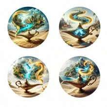 4pcs Artistic Wooden Non-Slip Coasters, Round Mysterious Jewelry Box & Lamp Designed, Suitable For Office Desk, Tea Table, Home Decoration, Thanksgiving Gift
