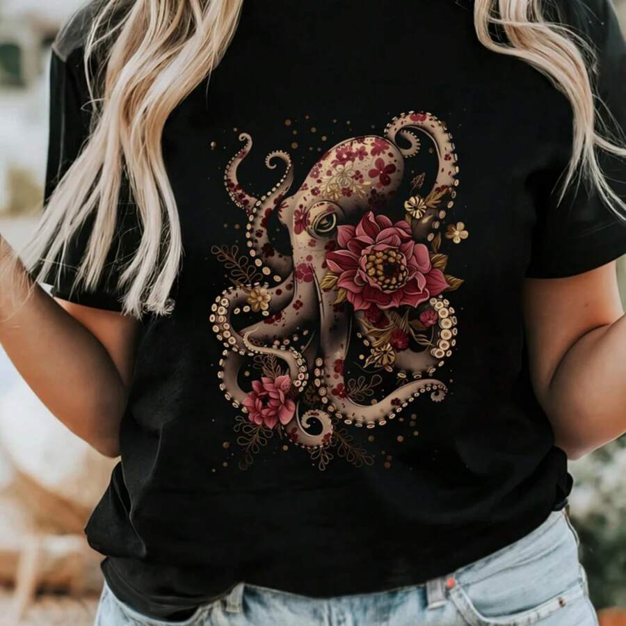 Octopus Shirt Vintage Flower Patterns Floral Octopus Kraken T-Shirt ...