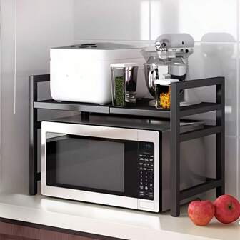 1pc Adjustable Space-Saving Microwave Oven Rack, Metal Structure Corner Shelf, Efficient Kitchen Storage Rack, Easy-Install Super Practical Storage Rack, Extendable Countertop Oven Stand For Rice Cooker. Each Comes With 6 Hooks.