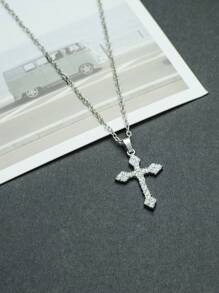 1 pièce Collier pendentif croix à la mode pour femme, en alliage de couleur argent avec strass, longueur de chaîne réglable, style classique gothique punk hip-hop rétro, convient pour les fêtes, les célébrations et le port quotidien