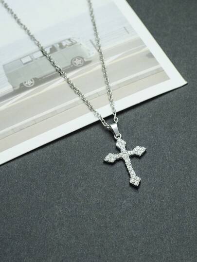 1pc Women Fashion Cross Pendant Necklace, Silver Color Alloy Material With Rhinestone, Adjustable Chain Length, Classic Goth Punk Hip Hop Retro Style Jewelry, Suitable For Party, Holiday Celebration, Daily Wear