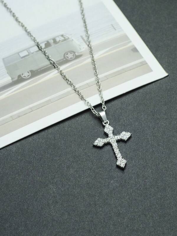 1pc Women Fashion Cross Pendant Necklace, Silver Color Alloy Material With Rhinestone, Adjustable Chain Length, Classic Goth Punk Hip Hop Retro Style Jewelry, Suitable For Party, Holiday Celebration, Daily Wear