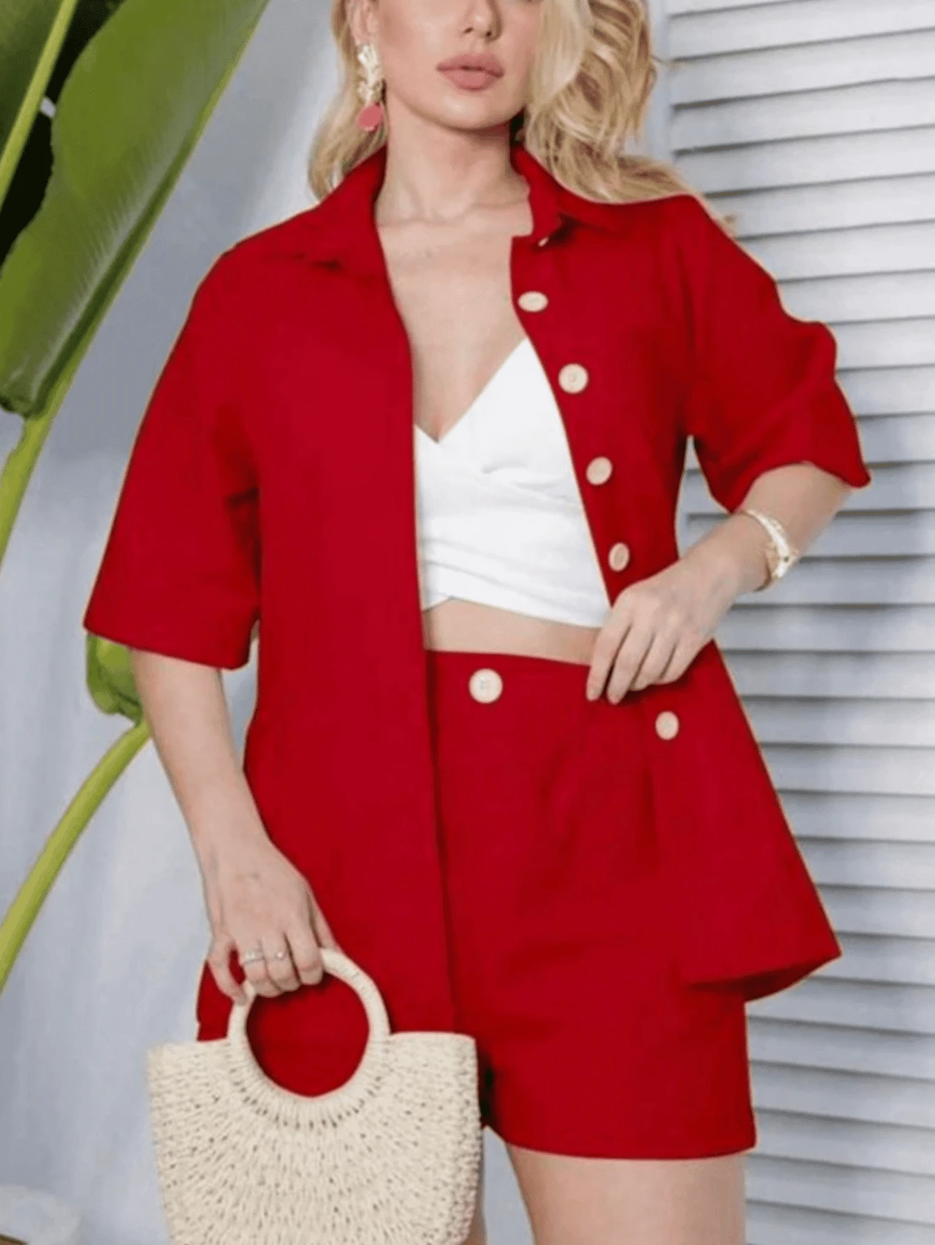 Linen Shorts And 3/5 Sleeve Shirt Set - Red - View 1