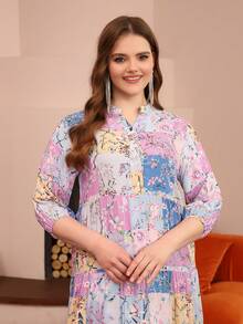 ASBB 全印花阿拉伯女款 JALABIYA 連衣裙，V 領、中長袖、花卉優雅設計，2026 秋季度假派對休閒穿搭，沙烏地阿拉伯國慶日服飾 - 紫羅蘭色 - 查看 5