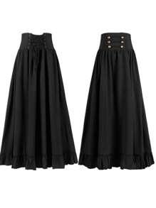 In Stock Medieval Retro Vintage Gothic Black Lace-Up Ruffled Hem Maxi Skirt, Versatile Plus Size Women Skirt, Stage Performance Costume Halloween - Black - View 5