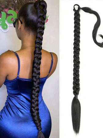 Braid Ponytail Extension 22~40 Inch With Elastic Tie Straight Sleek Wrap Around Braid Hair Extensions Ponytail Natural Soft Synthetic Hairpiece Black