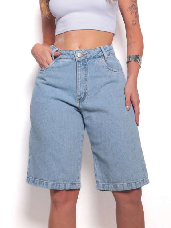 Shorts jeans, na altura do joelho, elegante e casual feminino 505 pengmoda