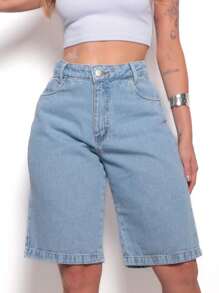 Pengmoda Women's Elegant Casual Knee Length Denim Shorts 505 - 中等水洗藍 - 查看 2