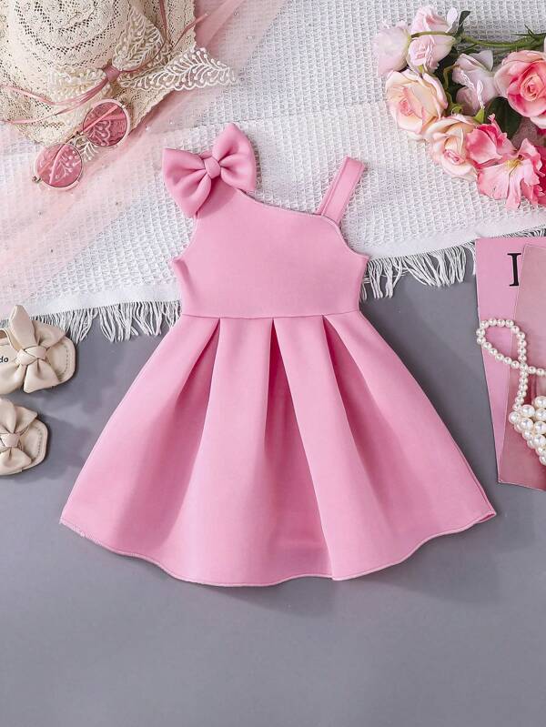 Vestido Cami de Verão para Bebês Meninas Casual Bonito Minimalista Um Ombro Decoração com Laço