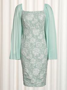 Abito da sera da donna, in jacquard, a forma quadrata, elegante e aderente, in chiffon, con maniche corte arricciate, abito da festa, cerimonia, matrimonio