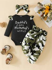 Baby Girls Outfits Letter Print Short Sleeve Romper + Floral Print Trousers With Headscarf Cute Baby Clothing Set 3PCS Daddy's Girl And Mommy's World - màu đen - Xem 1