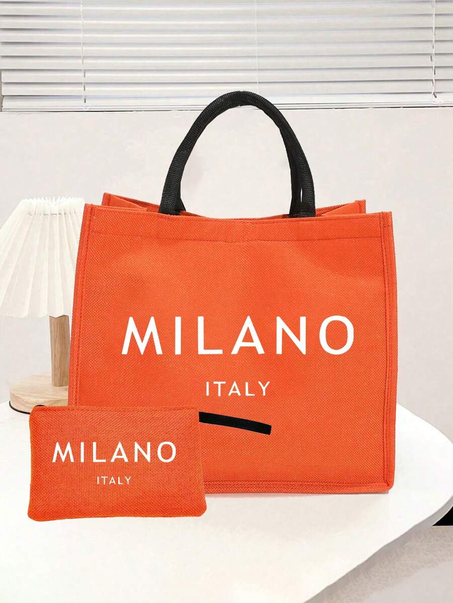 一套亚麻手提袋，包含一个印有“米兰，意大利”字样的手提袋和一个印有花卉和字母图案的小收纳袋，个性化礼品包装，适合婚礼、生日、海滩、度假等场合，是送给女性、母亲、教师、朋友、伴娘、学生和返校季的完美礼物。