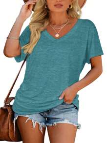 GEREARC Womens Basic Short Sleeve V Neck Tops With Side Shirring Loose Fit Shirts - 綠松石 - 查看 3