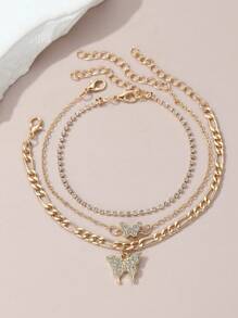 3 件装优雅甜美蝴蝶和星球水钻装饰脚链，适合女孩，珠子颜色随机