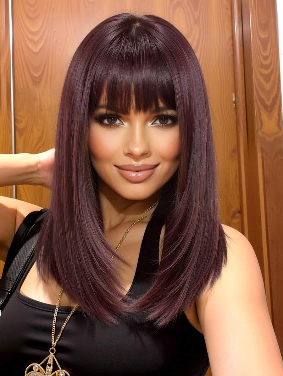 Comfortable Natural Bend 14-Inch Burgundy Short Bob Wig With Bangs Layered Fashion Wig For Women Synthetic Fiber Wigs Perfect For Holiday Travel Family Gatherings Everyday Wigs - 酒紅色 - 查看 1