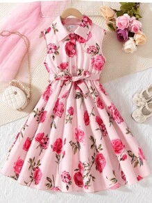 春夏少女优雅花卉数码印花无袖连衣裙配腰带，合身腰部款式及踝长连衣裙，适合休闲、度假穿着 - 粉色 - 查看 2