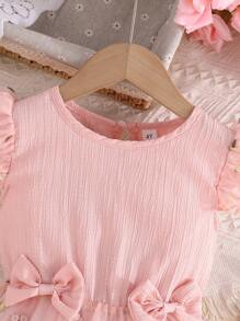 Young Girl Cap Sleeve Bow Decor Princess Dress With Embroidered Mesh Skirt - Pink - View 4