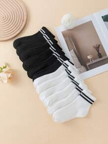 6pcs/10pcs/16pcs/20pcs Kids & Youth Black & White Striped Athletic Socks, Student Back To School Daily Casual Socks, Toddler Mid-Calf Socks 1-3Y