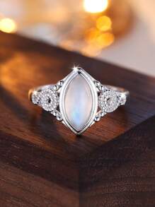 1pc Elegant 925 Sterling Silver Moonstone Moon Eye Shaped Ring, A Special Birthstone Commemorative Gift Jewelry For Women