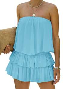 Women's Off The Shoulder Romper Flowy Strapless Smocked Jumpsuit Playsuit Dress - Sky Blue - View 3