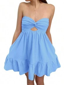 Women Twisted Tube Dress Ruched Boat Neck Cut-Out Backless Sleeveless Double Pockets Flowy Ruffled Dresses - 藍色 - 查看 1