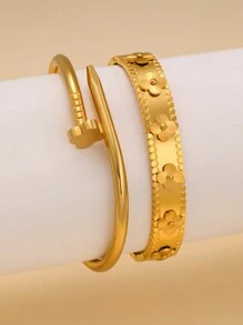 Exaggerated 4-Leaf Clover Stainless Steel Bangle Set For Women, Suitable For Multiple Occasions, Couples, Gala, Party And Gift