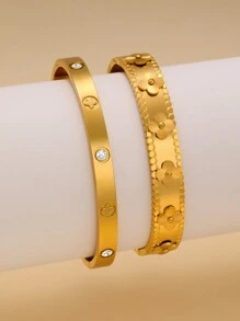 Exaggerated 4-Leaf Clover Stainless Steel Bangle Set For Women, Suitable For Multiple Occasions, Couples, Gala, Party And Gift