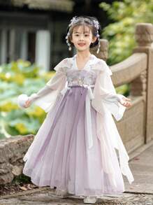 Vestido de manga larga estilo Hanfu para niñas, color lavanda, moda antigua china