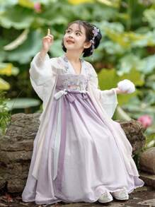Vestido de manga larga estilo Hanfu para niñas, color lavanda, moda antigua china