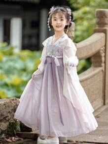 Vestido de manga larga estilo Hanfu para niñas, color lavanda, moda antigua china