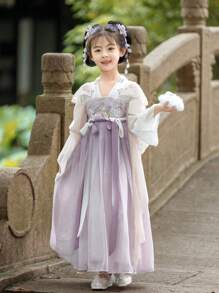 Vestido de manga larga estilo Hanfu para niñas, color lavanda, moda antigua china