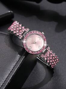 6pcs Ladies' Pink Watch Gorgeous And Fashionable Quartz Watch Set With Rhinestones And Rhinestones, Bracelet Necklace, Earrings, Ring, Alloy Jewelry Set