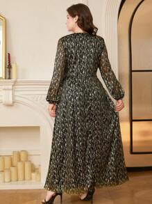 DEARCASE Plus Size Elegant Sparkle Twist Textured Long Sleeve Dress Spring - Black Gold - View 2