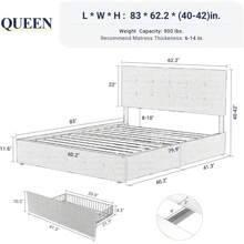 Cama de plataforma tamaño queen tapizada Allewie con 4 cajones de almacenamiento y cabecera, botones cosidos en cuadrados, base de colchón con soporte de listones de madera, no se necesita box spring, gris claro - Beis - Ver 11